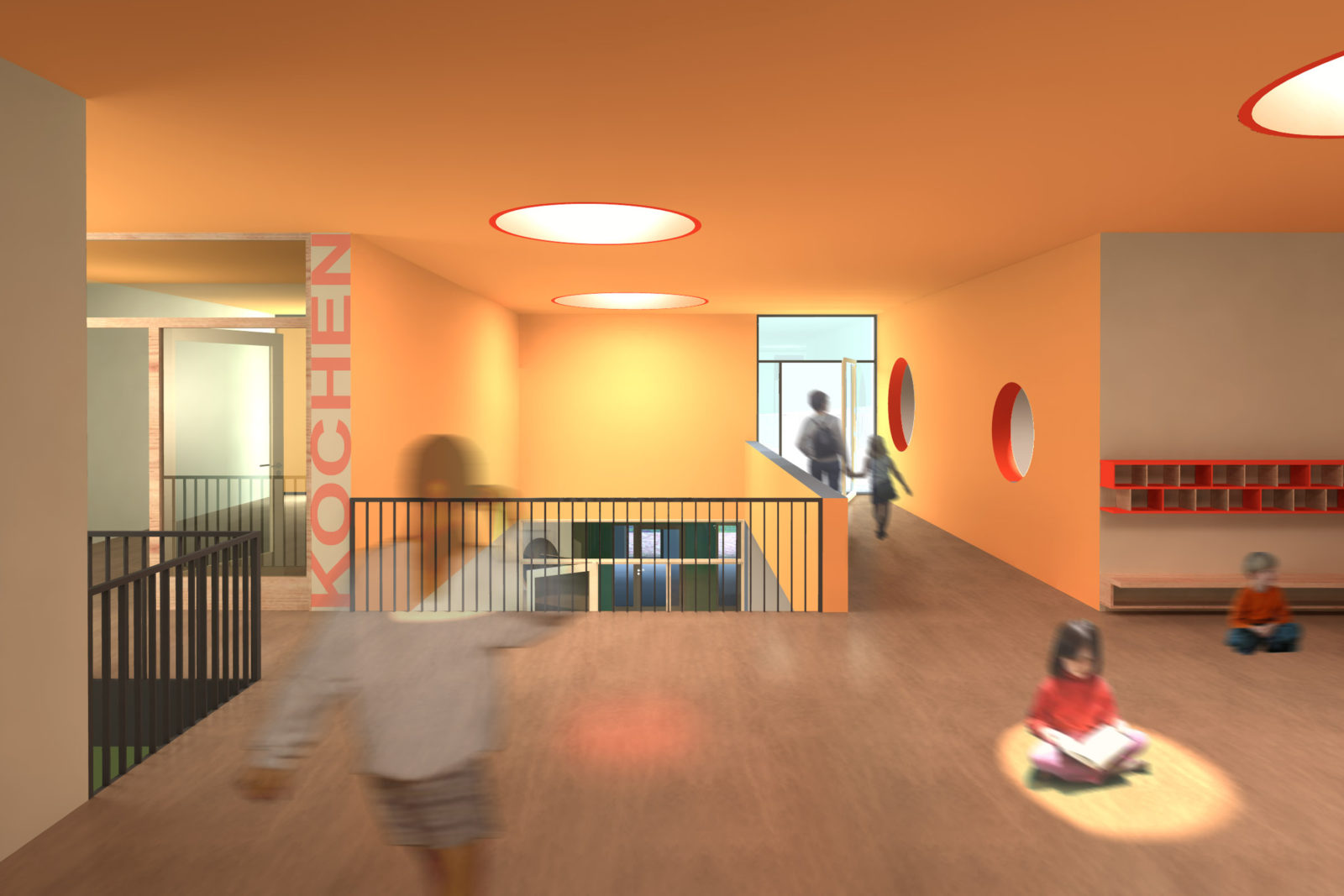 Wettbewerb Kinderhaus Struppen - Blick vom Flurbereich Hort in der Freibereich und das Foyer
