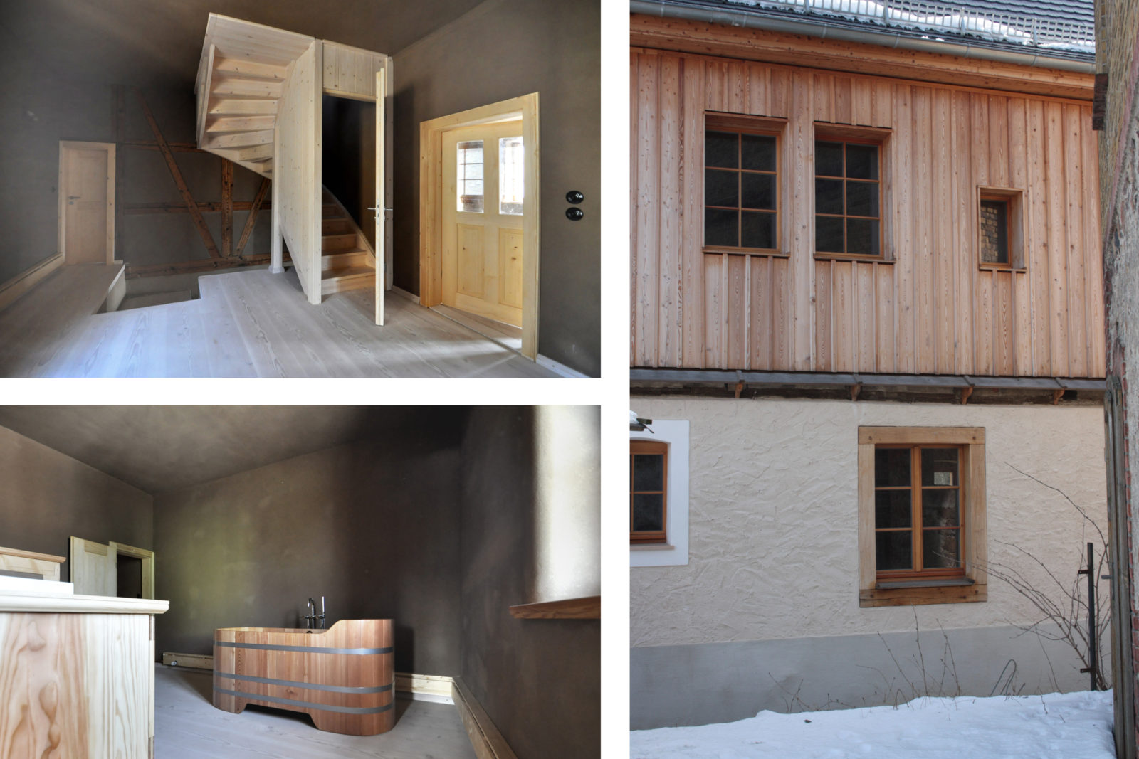 Umbau und Sanierung Baudenkmal Rentmeisterhaus in Püchau - Diele mit Treppe, Badezimmer und Außenansicht
